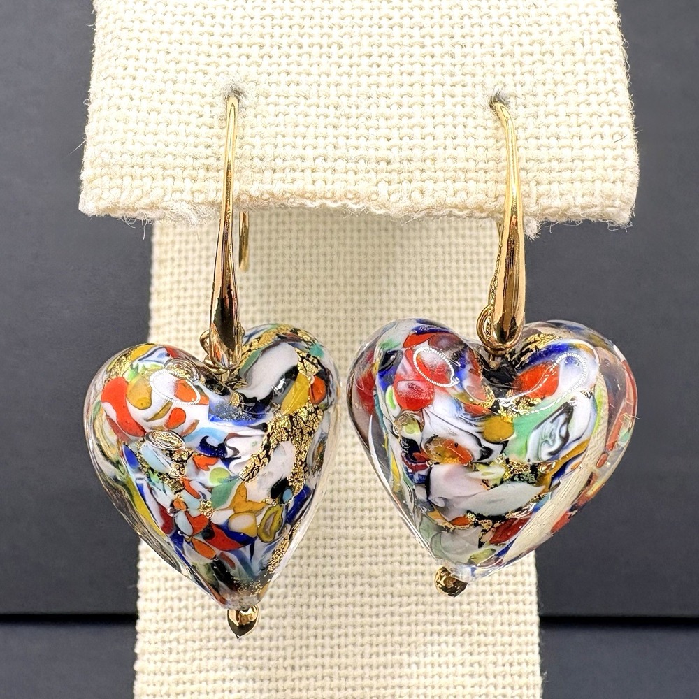 Dyadema Italian Murano Glass Puffy Heart Earrings Bronze Italy Dangle Earrings